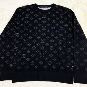 極美品 ルイヴィトン 【現行モデル】 LOUIS VUITTON ニット セーター トップス 全面モノグラム プレート ブラック メンズ サイズM