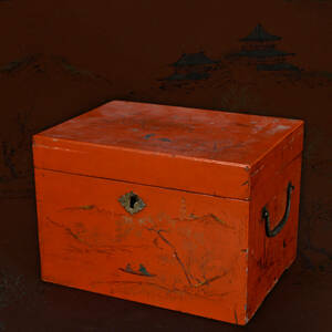 br10665 中国美術 時代物 朱漆 描金 山水人物文箱 漆器 唐物17x12.5cm 高11.5cm