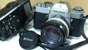【倉庫整理】ニコン Nikon フィルム 一眼レフカメラ Nikomat ニコマート EL + NIKKOR-S・C Auto 1:1.4 f=50mm ＋おまけストロボ PE-250S