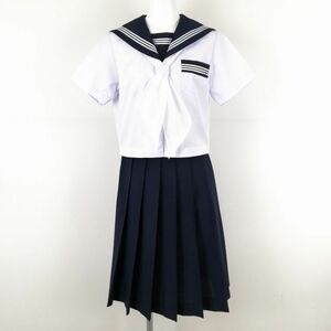 1円 セーラー服 スカート スカーフ 上下3点セット 165A 富士ヨット 夏物 白3本線 女子 学生服 島根安来第一中学 白 中古 ランクC NA4964