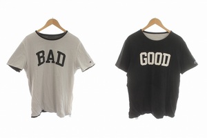 CHAMPION Tシャツ カットソー 半袖 リバーシブル BAD GOOD プリント ロゴ 刺繍 クルーネック L 白 ホワイト チャコールグレー