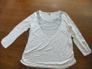 【美USED】ブリジット　胸元 キラキラ 薄で　7分袖　カットー　シャツ　白色　Lサイズ　