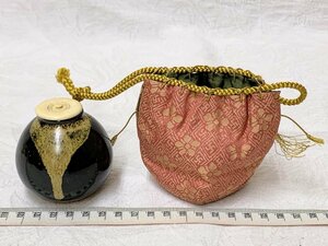 13563/京都袋師遺品 茄子型 茶入 仕覆付 茶道具 茶器 名物裂 陶器