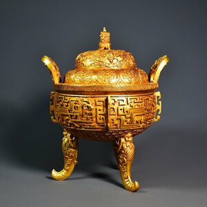 ◆古寳堂◆清 銅製 塗金 雙耳 三足熏香炉 置物 賞物 極細工 古置物 古擺件 中国古美術 時代物 古董品