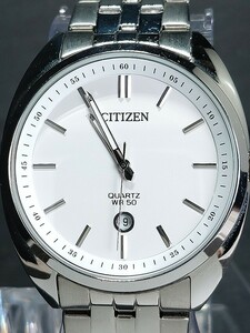 美品 CITIZEN シチズン BI5090-50A アナログ クォーツ 腕時計 ホワイト文字盤 デイトカレンダー メタルベルト ステンレス 新品電池交換済