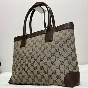 1円 極上美品 GUCCI トートバッグ レザー ハンドバッグ GGキャンバス ブラウン 希少 定番 人気