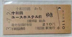 JR東日本 自動車 十和田湖駅発行 十和田湖から十和田ユースホステル前ゆき 自動車経由 バス B型硬券乗車券 JR東赤地紋 未使用券