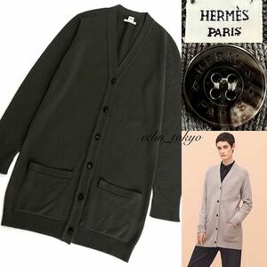 【E3489】新品同様 HERMES エルメス 大人気セリエボタン《最高級！カシミヤ100%》ニット ロング カーディガン コート 38 美しいカーキ色