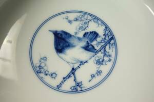 清朝乾隆期　茶鉢　倣明朝期官窯　Blue & White（青花）　上品　染付　梅の花鳥（ウグイス・Warble・）図　最高級茶道具　陶磁器研究