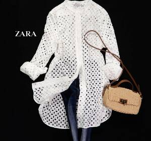 ザラ ZARA 大人可愛い☆ カットワーク刺繍 パンチングレース デザインシャツ チュニック S 羽織にも レイヤードコーデ