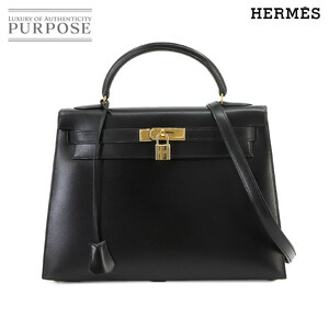 エルメス HERMES ケリー 32 2way ハンド ショルダー バッグ ボックスカーフ ブラック 外縫い 〇A刻印 ゴールド 金具 Kelly 32 90224210