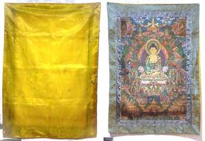 中国～清朝時代　仏教芸術　チベット製　タンカ　曼荼羅　縦幅１１０㎝　横幅７８㎝　刺繍装飾