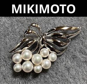 【m】美品 ミキモト MIKIMOTO アコヤ真珠 9粒 ブローチ シルバー パール リボン