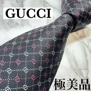 極美品 現行タグ 定番 GUCCI ネクタイ シルク100% GG柄 マイクロGG 蜂 ソーホー レギュラータイ ブランドロゴ 刺繍 ブラック