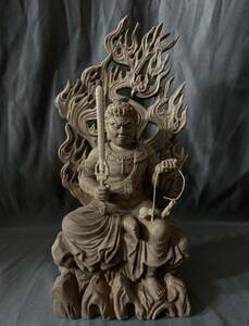 井波彫刻　仏教工芸品　総楠製　極上彫　木彫仏像　倶利伽羅不動明王座像