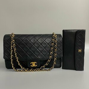 1円 極 美品 ポーチ付 シール有 1番台 CHANEL シャネル マトラッセ 27cm ラムスキン ダブルチェーン ショルダーバッグ ブラック 29323