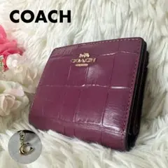 良品✨COACH 二つ折り財布　クロコダイル　型押し　馬車金具　ワインレッド