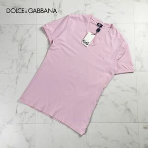 新品未使用 Dolce & Gabbana ドルチェ&ガッバーナ VネックTシャツ 半袖カットソー ロゴ刺繍 トップス レディース ピンク サイズS*MC1066