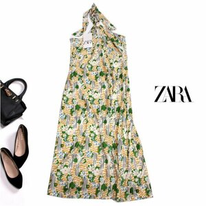 新品 zara ザラ ■ 夏 お洒落 リゾート フラワー 柄 プリント ノースリーブ ホルターワンピース S 7号 イエロー 黄色 白