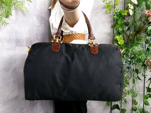 ●超美品●BALENCIAGA バレンシアガ●BBロゴ●ナイロン クロコダイル 型押し レザー●ボストン ハンド バッグ●黒 茶●G金具●A4●Js46663