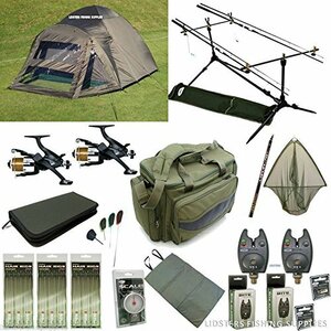 フル鯉釣りスターターセットアップ Bivvy テント ロッド2本 リールバッグ アラーム タックル