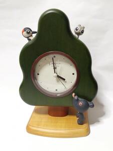 【中古美品】村上康成アートの世界　置き時計　ペロくまくん　木のベル音 アナログ 木製 キツツキ リス 動作確認済み 
