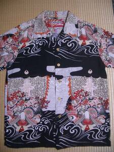 HOUSTON　ヒューストン　アロハシャツ　S　宝船　黒　アロハ　Hawaiian shirt　和柄　波　ジャガード　サンサーフ　