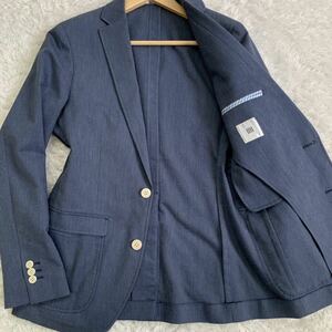 【極美品・M相当】爽快リネン SUIT SELECT スーツセレクト 麻混 春夏 テーラードジャケット ブレザー ネイビー ストライプ メンズ スキニー