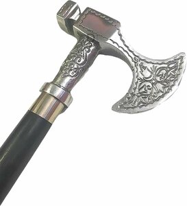 ビクトリア朝シルバー真鍮製斧ヘッドハンドル付き手作りの木製黒無地ウォーキングスティックヴィンテージスティッキ杖輸入品
