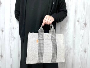 極美品 HERMES エルメス ニューフールトゥPM トートバッグ ハンドバッグ バッグ キャンバス グレー×黒 70865