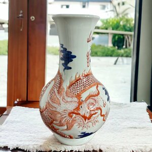 【FU10】紅龍 壺 中国雑貨 フラワーベース 花瓶 花入れ 花器 陶器 古美術 骨董品