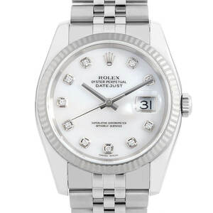 ロレックス デイトジャスト 10Pダイヤ 116234NG ホワイトシェル 5列 ジュビリーブレス D番 中古 メンズ 腕時計