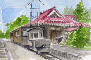 ●第8393号「北軽井沢駅の列車／草軽電鉄」／田中千尋（四季水彩）画 ／鉄道の水彩画／鉄道関係のプレゼント付き！