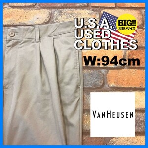 BP3-280★W94センチ位★USA古着★オーバーサイズ★【VAN HEUSEN】2タック ワイドチノパンツ【W36 メンズ XL】ベージュ スラックス ゴルフ