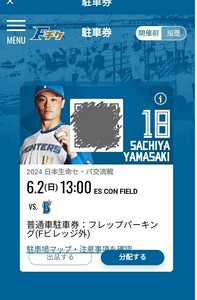 日本ハムファイターズ 6/2【日曜日】 ESCON FIELD 駐車券：エスコンフィールド：北海道ボールパーク