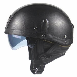 TZX633★ジェットヘルメット ハーレー バイク ヘルメット 半帽 PU 革 内蔵サングラス 男女兼用