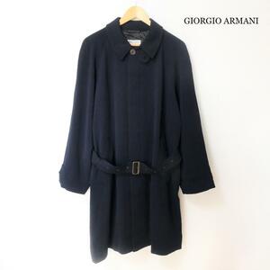 美品 GIORGIO ARMANI ジョルジオアルマーニ サイズ44 紺 ネイビー ロング ツイル ステンカラーコート ウール×モヘヤ ウエストベルト