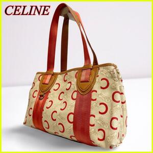 CELINE セリーヌ Cマカダム トートバッグ ハンドバッグ アイボリー×オレンジ サルキー 馬車柄 レディース