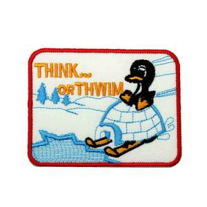 ワッペン アイロンワッペン THIN K or THWIM メッセージ デザイン ペンギン 簡単貼り付け アップリケ 刺繍 裁縫