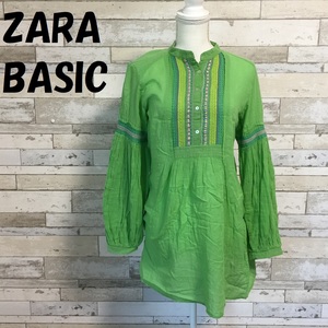 【人気】ZARA BASIC/ザラ ベーシック ハーフボタン 刺繍柄 ワンピース グリーン サイズM/A2262