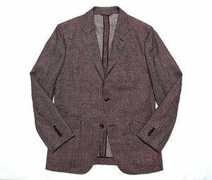 極美品 Ermenegildo Zegna ゼニア ラムレザーディテール シルクリネンウール チェック テーラードジャケット 羊革 メンズ 48 ブレザー