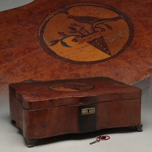 ES087 時代 西洋美術 玉杢 木嵌花鳥図 宝石箱 幅34.5cm 重1.7kg 鍵付 施錠可・ジュエリーボックス・収納箱