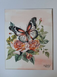 水彩画　チョウとバラの花