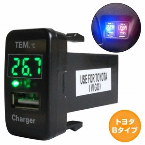 トヨタBタイプ BOON ブーン M600/610系 H22.2～現在 LED/グリーン 温度計+USBポート 充電 12V 2.1A パネル USBスイッチホールカバー 電源