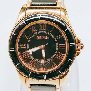 【稼働品】Folli Follie フォリフォリ WF6R069BD 文字盤ブラック×ピンクゴールド セラミック×ステンレス 良品 レディース 腕時計 とけい