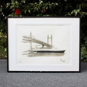 大西信之「DEPARTURE」A.P 2002年 リトグラフ W82×H62cm 絵画 風景画 船 橋 ブルックリン橋？ マンハッタン橋？（管理ID：483）
