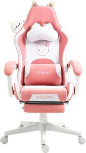 Dowinx ゲーミングチェア ピンク 白 可愛い かわいい にゃんこ 猫耳 ヘアピン 鈴付き ハイバック 昇降アームレスト PUレザー LS-665507
