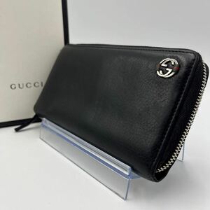 1円《稀少》GUCCI グッチ GG インターロッキング シェリーライン 長財布 ジッピーウォレット レザー 本革 黒 ブラック メンズ