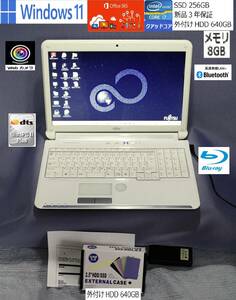 爆速カスタマイズ！富士通 LIFEBOOK AH55/GC・indows11/Core i7-クワッドコア/新品SSD 256GB/外付けHDD 640GB/ブルーレイ/MＳ Office 365