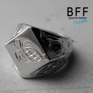 BFF ブランド タートル 印台リング ラージ ごつめ シルバー 18K 銀色 菱形 ダイヤ型 手彫り 専用BOX付属 (19号)